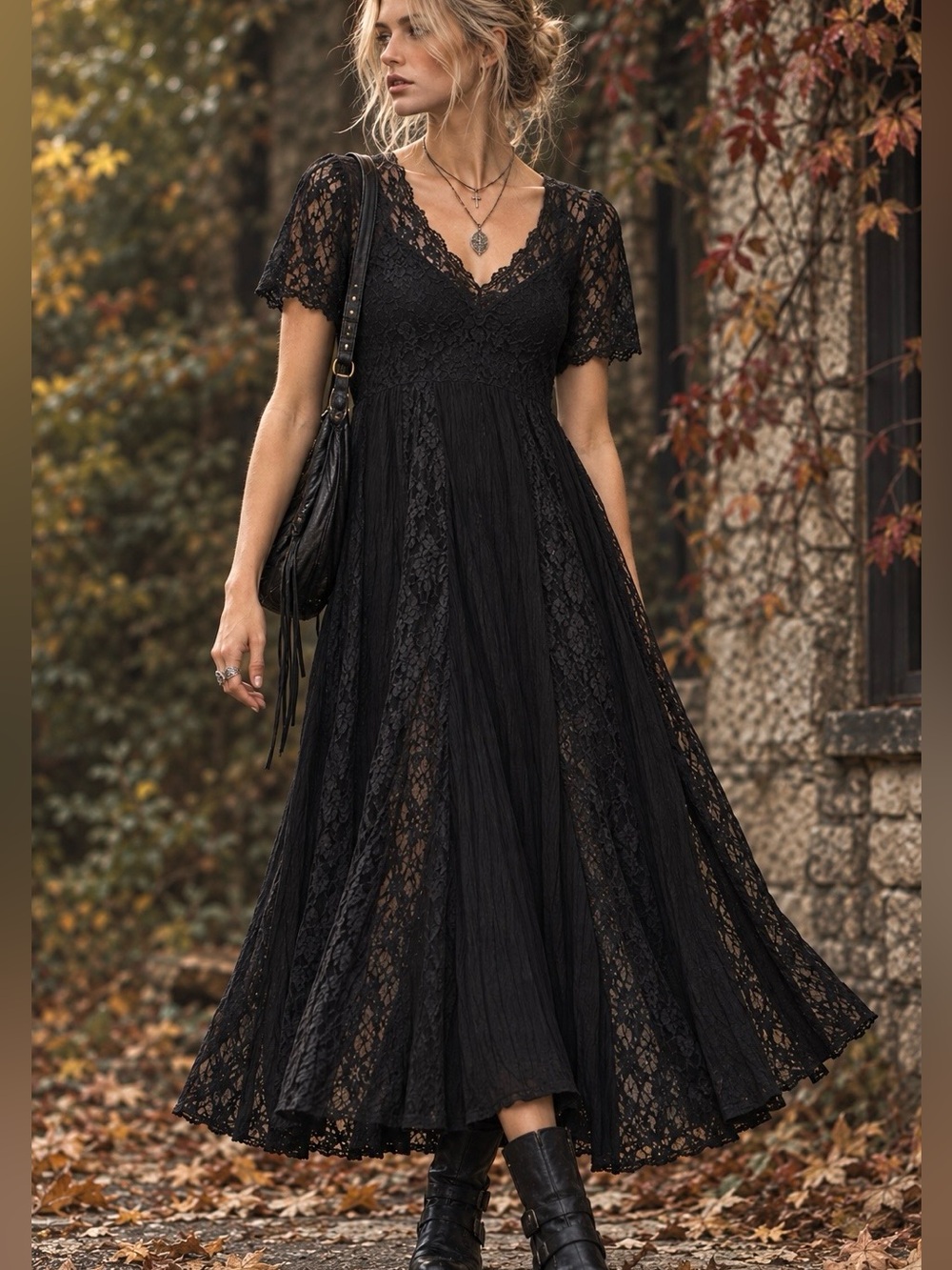 Vtg 90s Y2k black lace rayon dress 8 Whimsigoth witchy long fit flare grunge